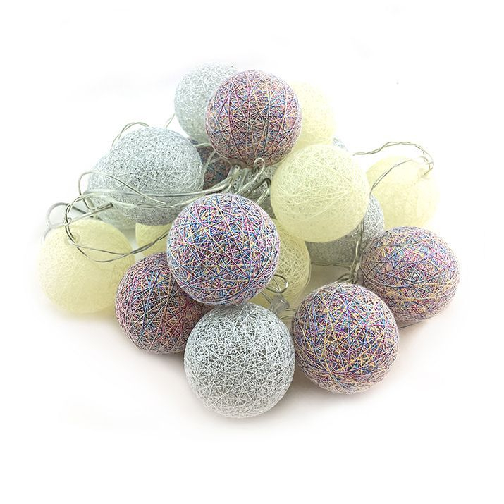 Светодиодная гирлянда "Хлопковый шар" Мультицвет, серебряный, молочный / 20 шаров на прозрачном проводе